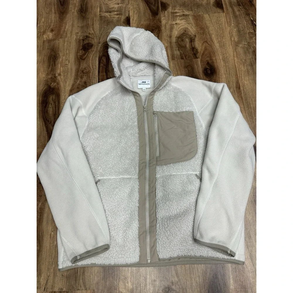 Uniqlo White Mountaineering Jacket Hoodie Large Ecru Deep Pile Fleece Full Zip